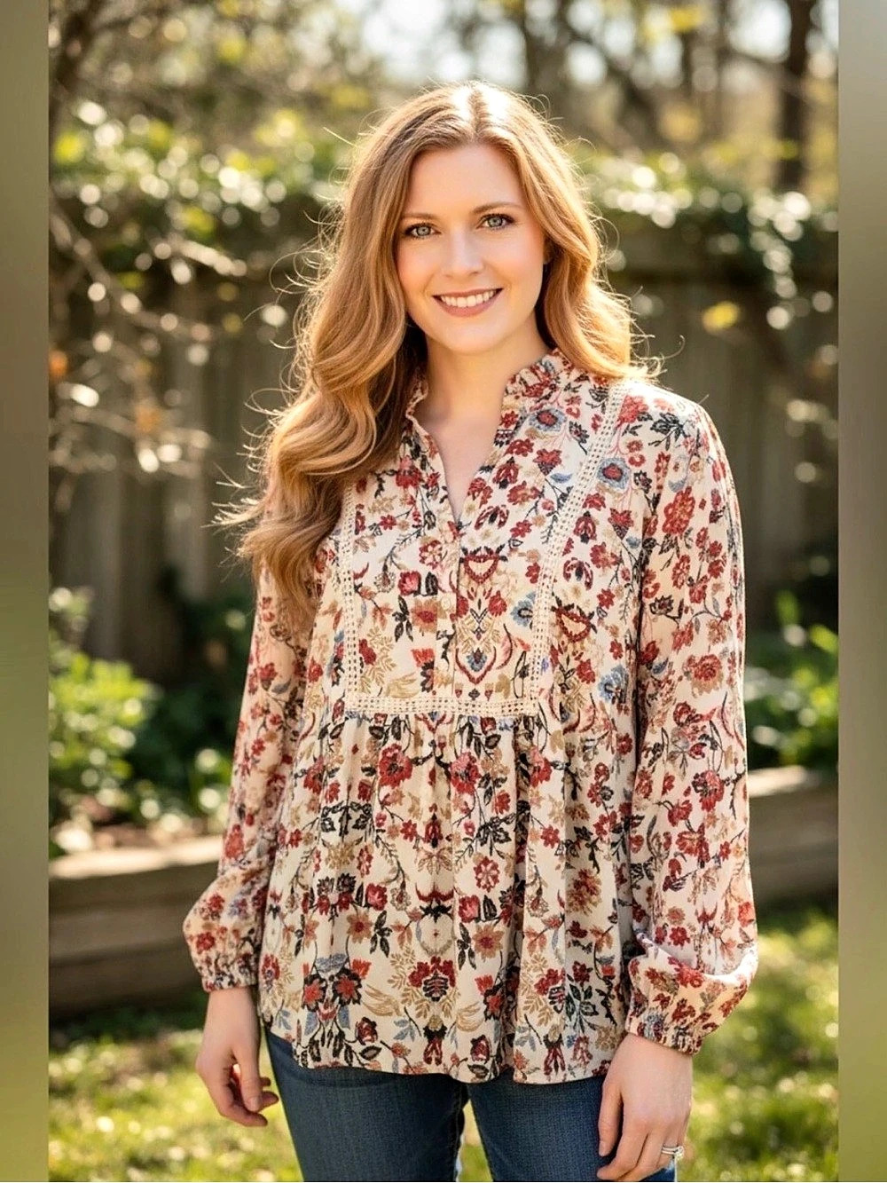 Loft Floral Blouse in Cream & Red Like New XL